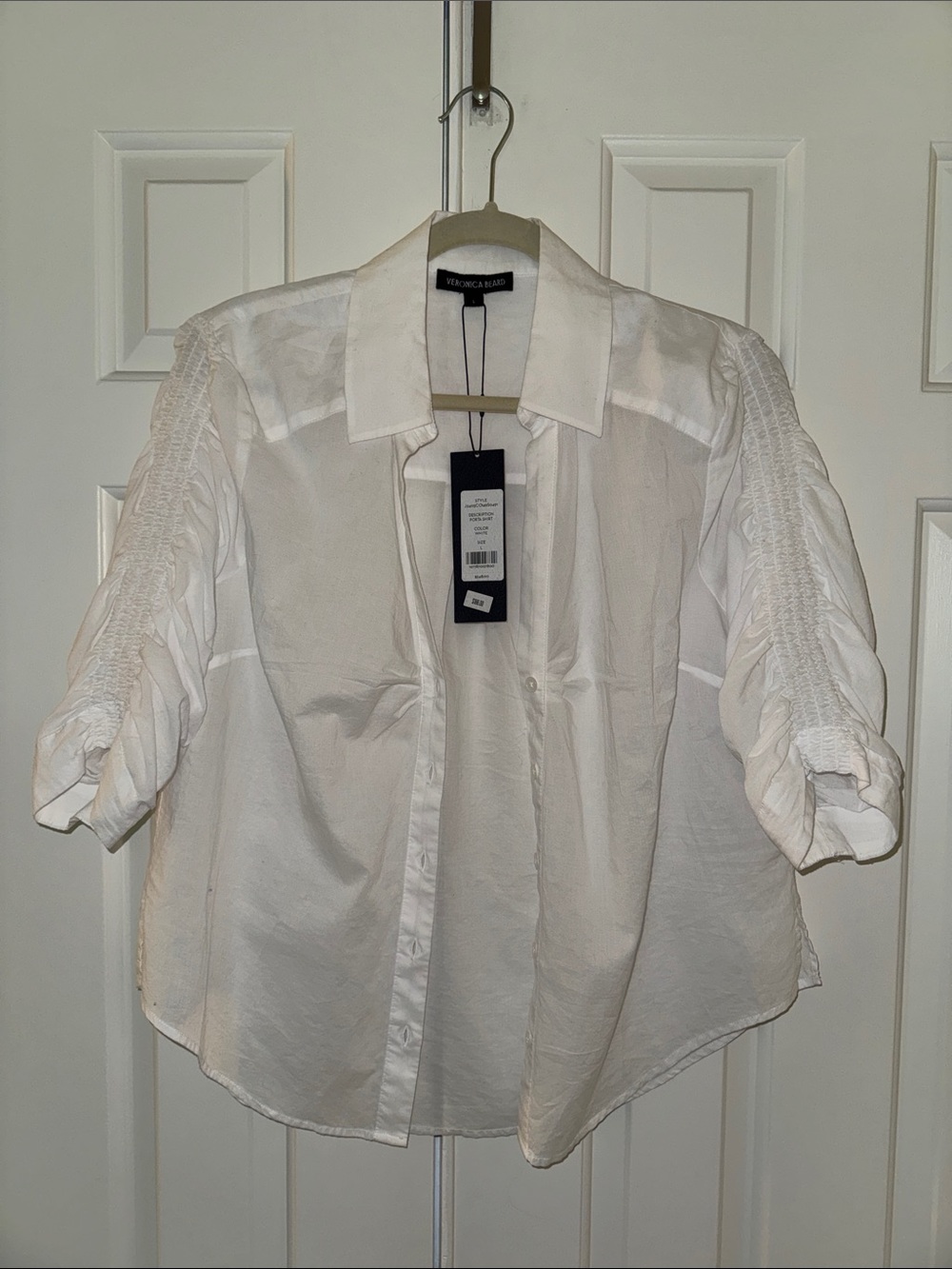 Veronica Beard White Smocked-Sleeve Button Front Blouse
